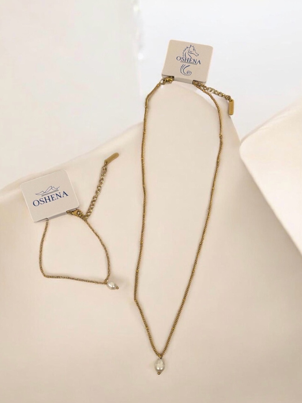 Gold Chain Necklace and Bracelet Set with Pearl Charm -